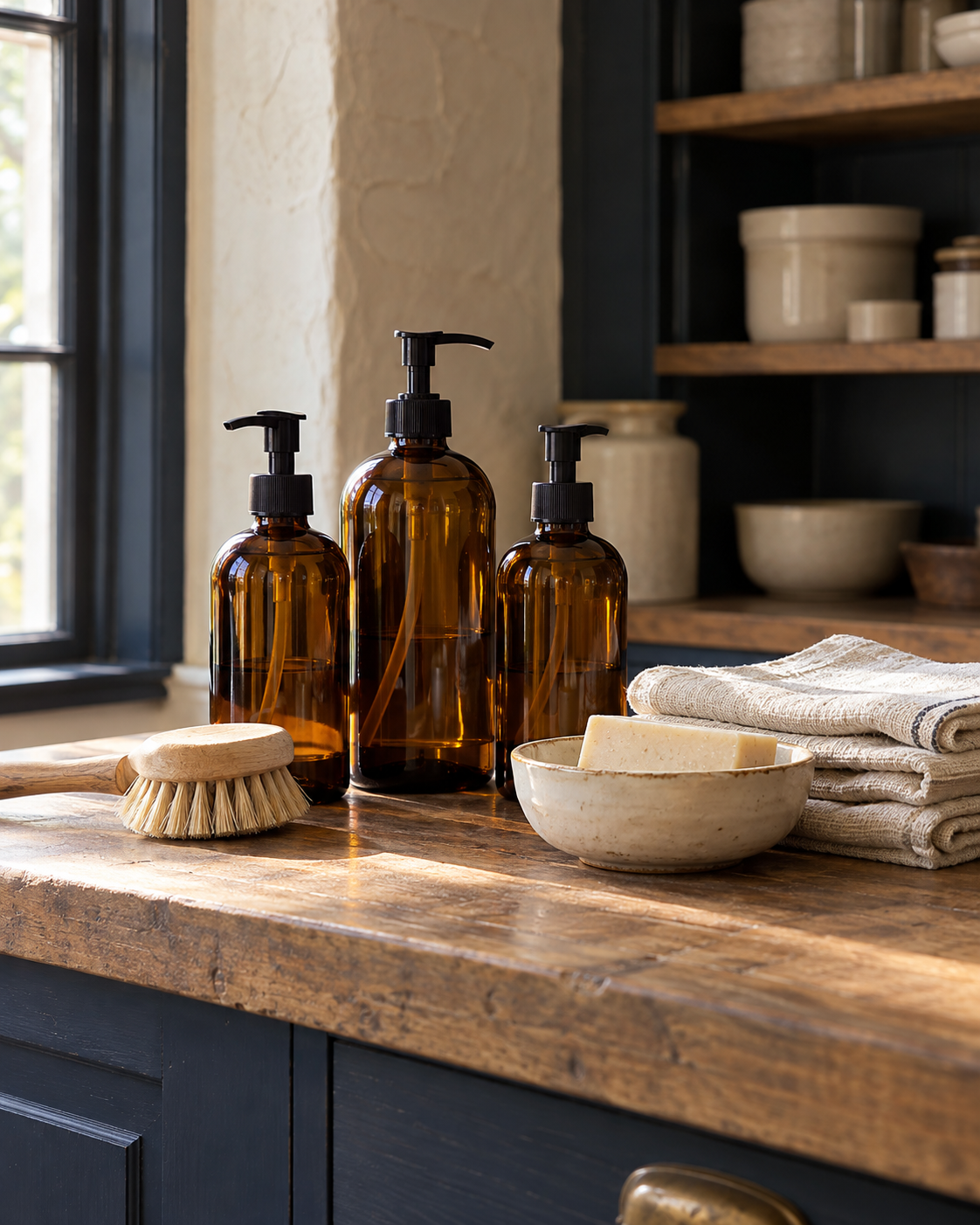 Amber refill bottles, a wooden dish brush, linen cloths and ceramics on a warm oak counter